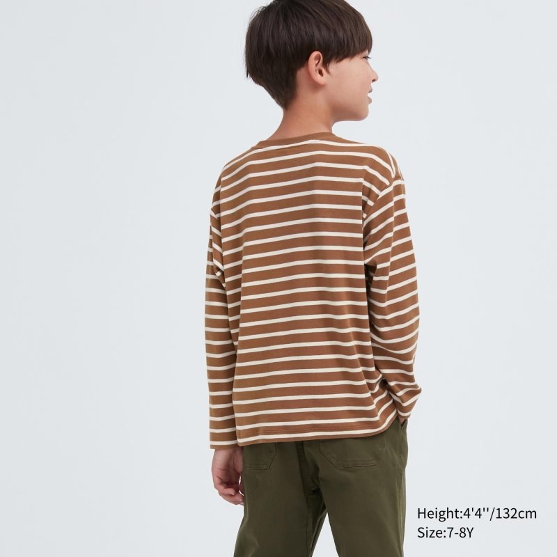 Green Kids Uniqlo Soft Brushed Striped Crew Neck Long-sleeve T Shirts | USA RPJWO-4309