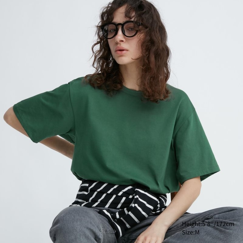 Green Men Uniqlo Airism Cotton Crew Neck T Shirts | USA EHIYD-5867