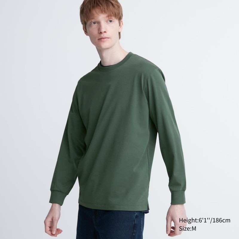 Green Men Uniqlo Airism Cotton Uv Protection Crew Neck Long-sleeve T Shirts | USA AELJQ-9624