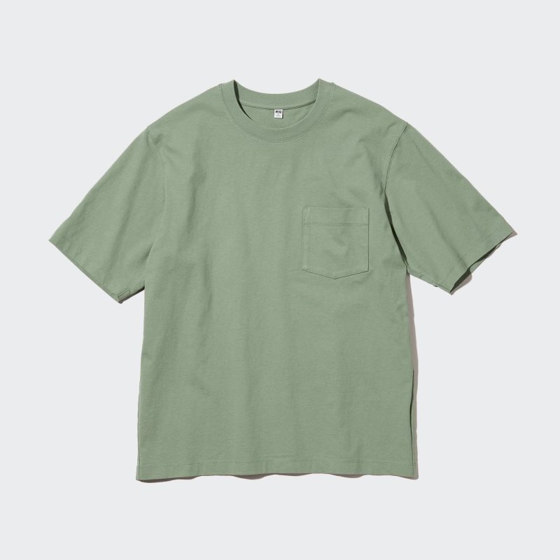 Green Men Uniqlo Oversized Pocket Crew Neck Half-sleeve T Shirts | USA SXMLT-9548