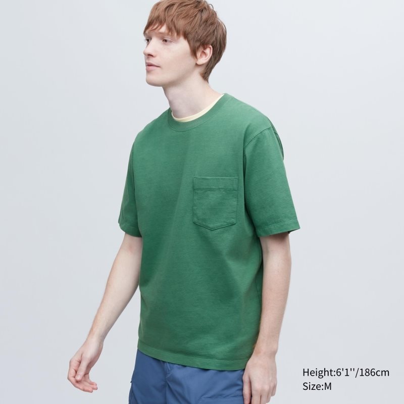 Green Men Uniqlo Oversized Pocket Crew Neck Half-sleeve T Shirts | USA ZKUVR-6845