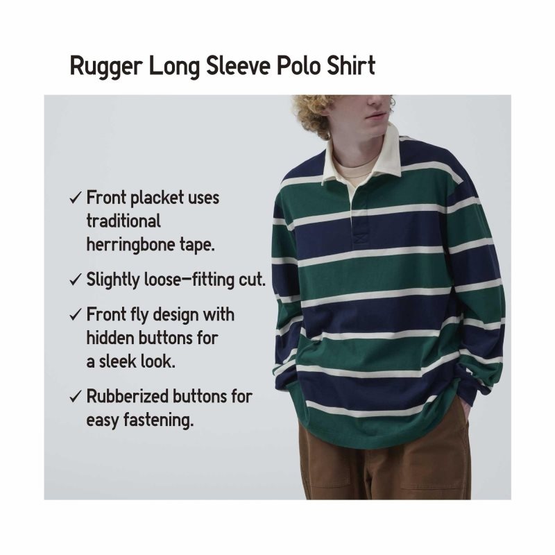 Green Men Uniqlo Rugger Long-sleeve Polo Shirts | USA HQNSV-2059