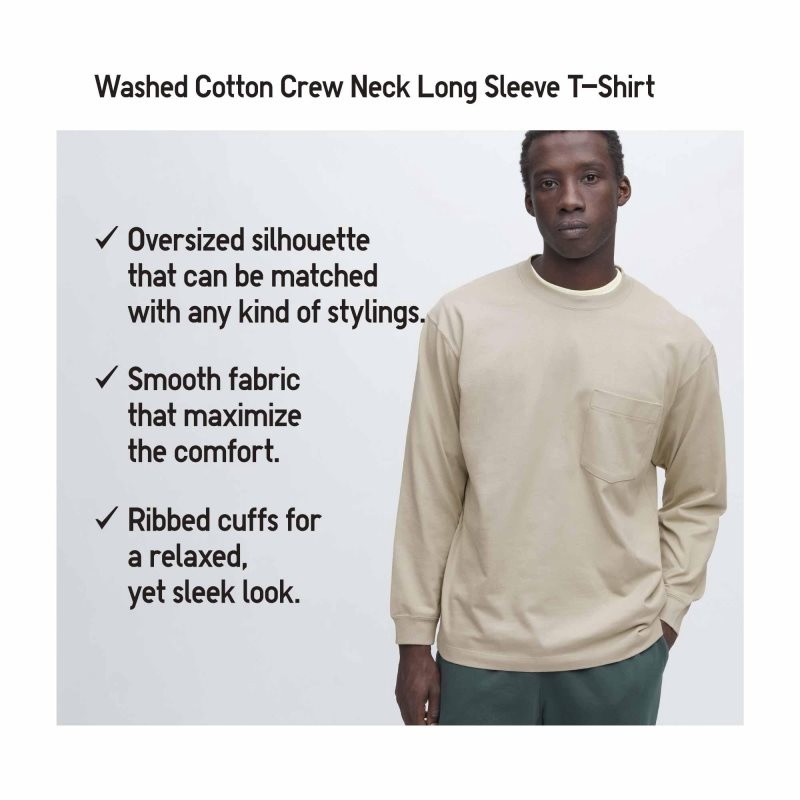 Green Men Uniqlo Washed Cotton Crew Neck Long-sleeve T Shirts | USA JNKQE-9065