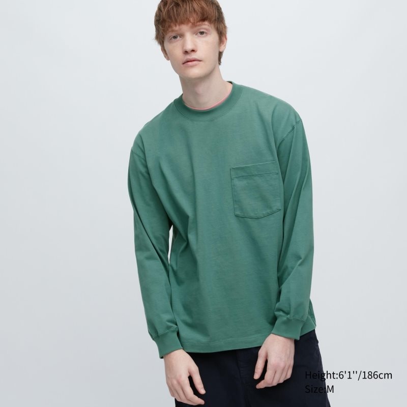 Green Men Uniqlo Washed Cotton Crew Neck Long-sleeve T Shirts | USA JNKQE-9065