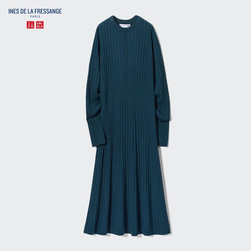 Green Women Uniqlo 3d Knit Ribbed Crew Neck Long-sleeve (Ines De La Fressange) Dress | USA XJESH-5138