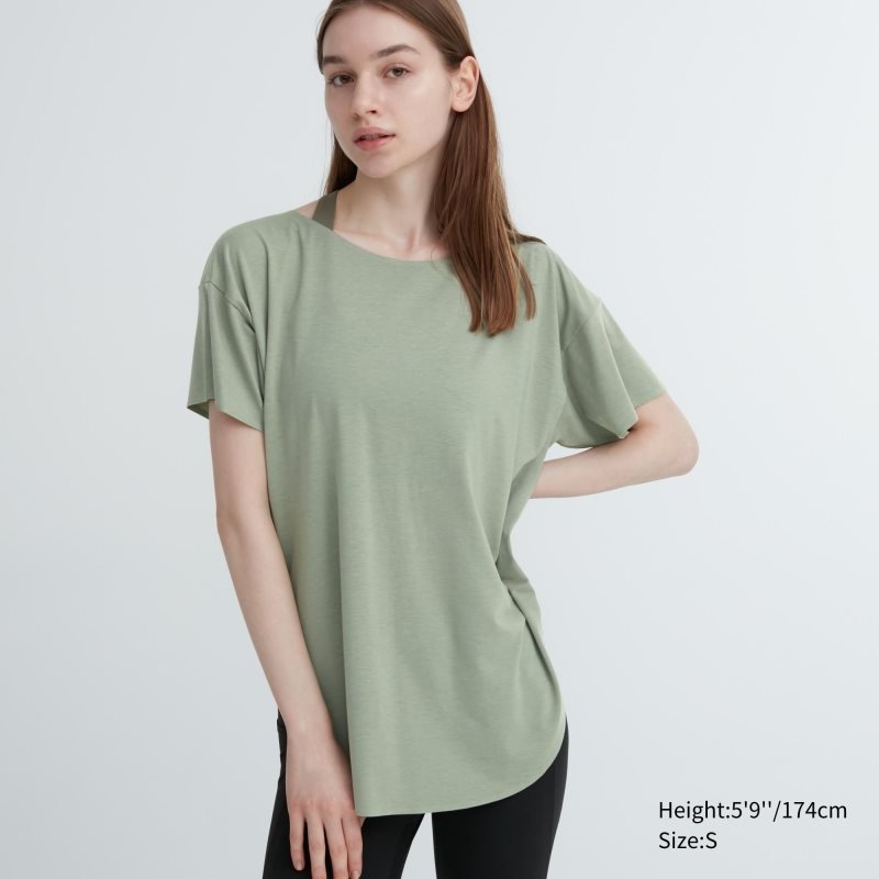 Green Women Uniqlo Airism Seamless Boat Neck Short-sleeve Long T Shirts | USA ROBFT-7638