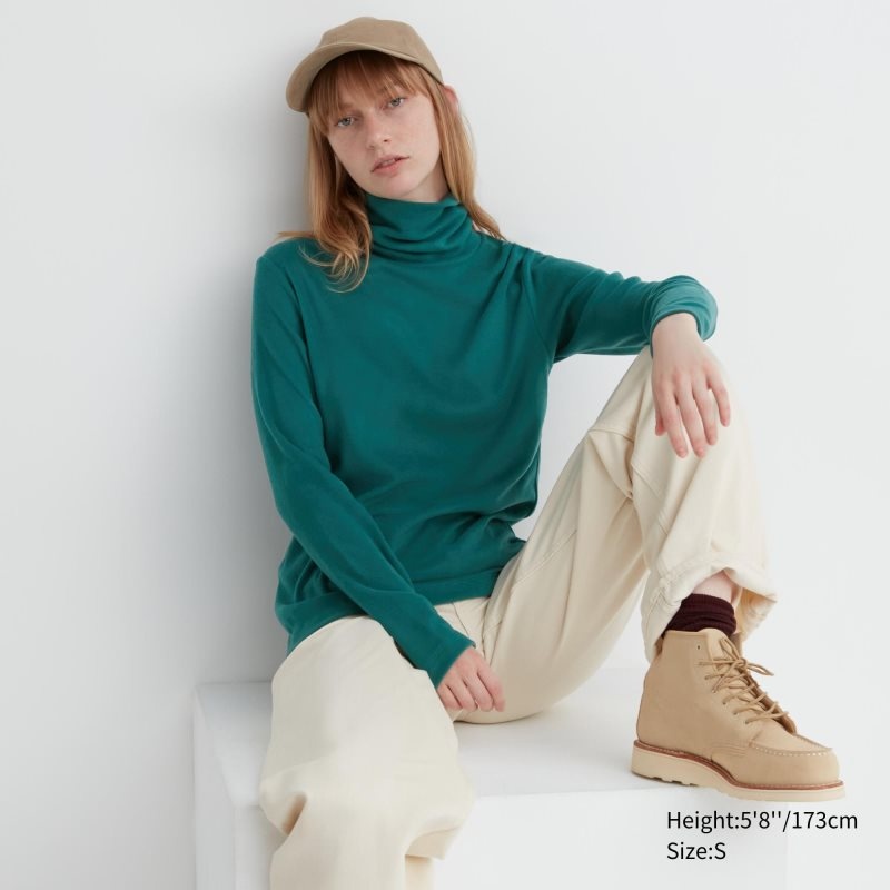 Green Women Uniqlo Heattech Fleece Turtleneck Long-sleeve T Shirts | USA SZCEN-3624