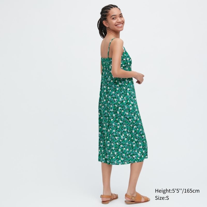 Green Women Uniqlo Printed Front Slit Camisole Dress | USA EWHBS-9610