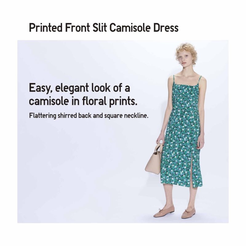 Green Women Uniqlo Printed Front Slit Camisole Dress | USA EWHBS-9610