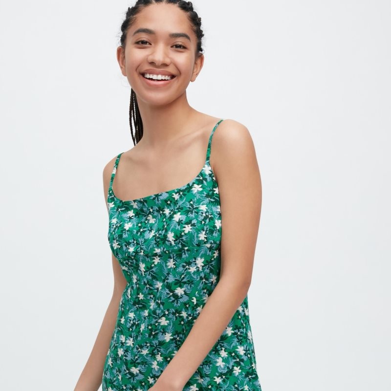 Green Women Uniqlo Printed Front Slit Camisole Dress | USA EWHBS-9610