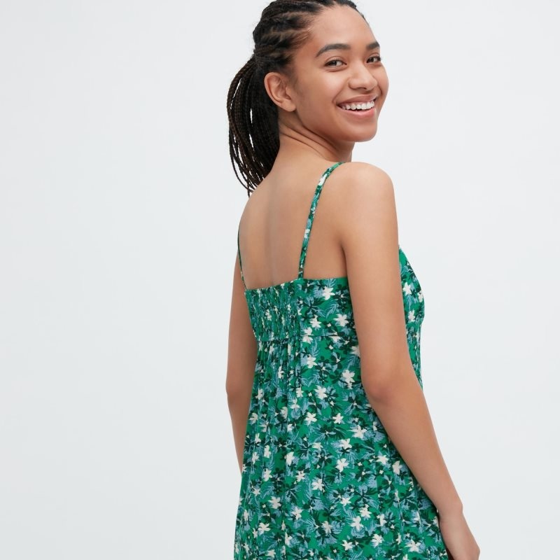 Green Women Uniqlo Printed Front Slit Camisole Dress | USA EWHBS-9610