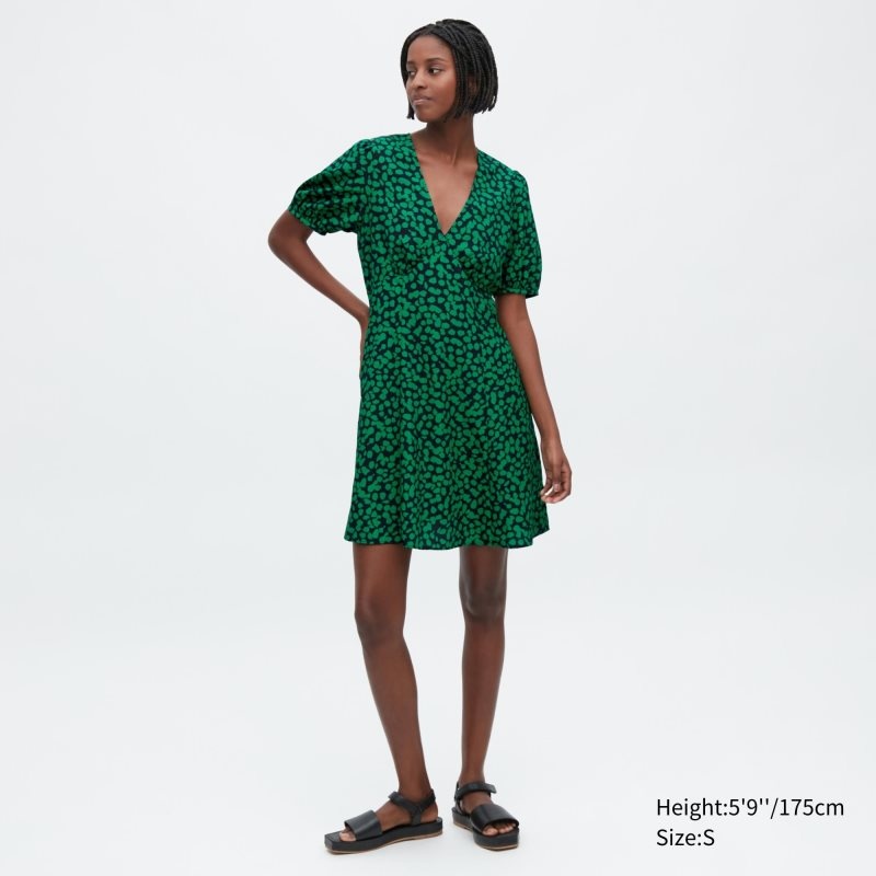 Green Women Uniqlo Printed V-neck Short-sleeve Mini Dress | USA VZKXW-9158