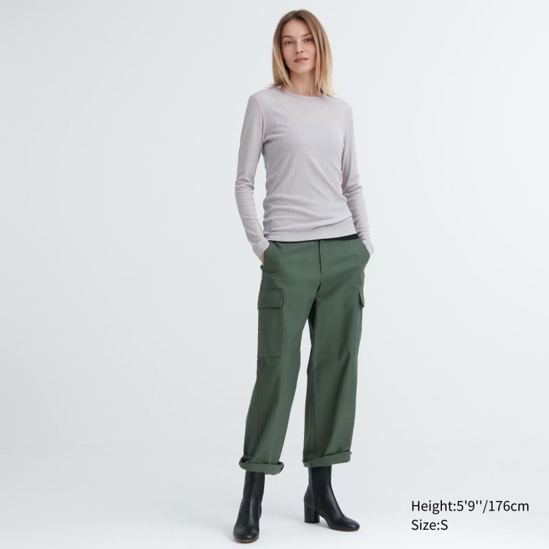 Green Women Uniqlo Sheer Jersey Crew Neck Long-sleeve T Shirts | USA CWTJB-4687