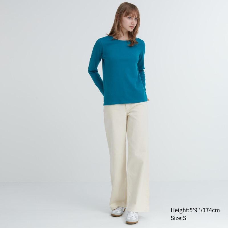 Green Women Uniqlo Smooth Stretch Cotton Crew Neck Long-sleeve T Shirts | USA APMYO-4836