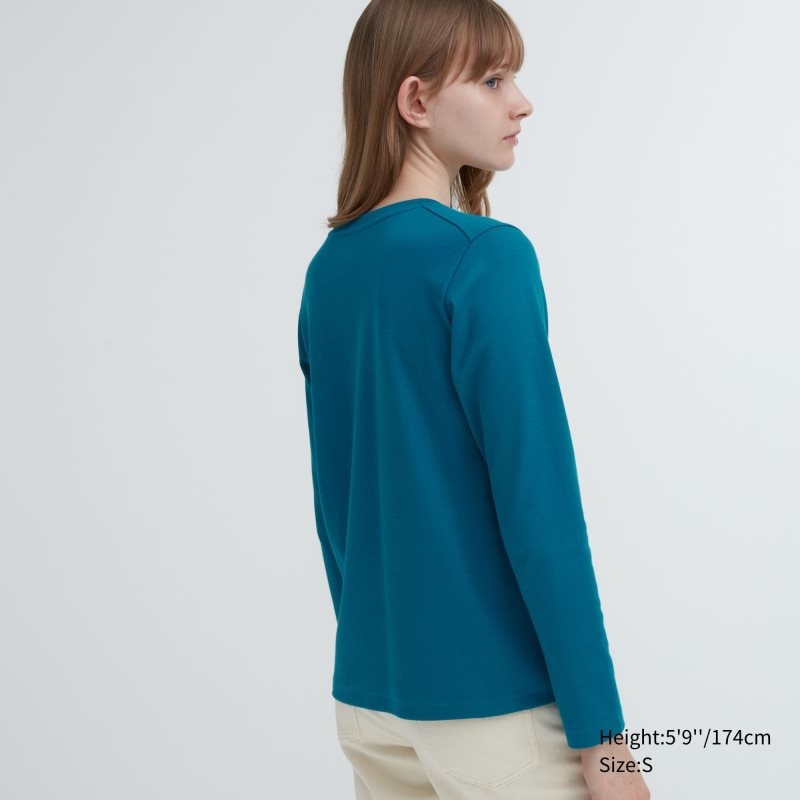 Green Women Uniqlo Smooth Stretch Cotton Crew Neck Long-sleeve T Shirts | USA APMYO-4836