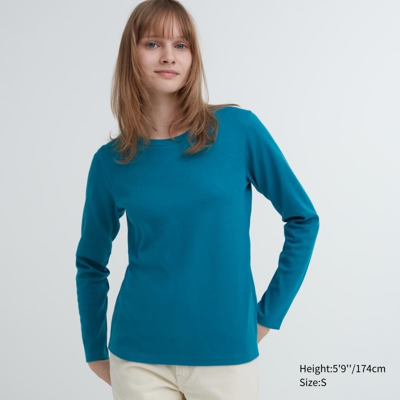 Green Women Uniqlo Smooth Stretch Cotton Crew Neck Long-sleeve T Shirts | USA APMYO-4836