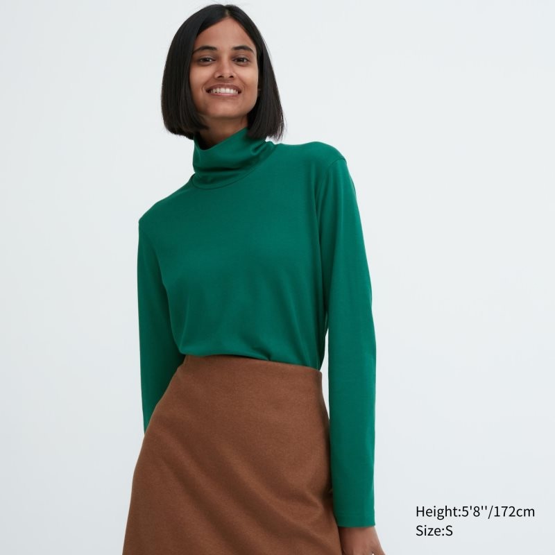 Green Women Uniqlo Smooth Stretch Cotton Turtleneck Long Sleeve T Shirts | USA LXOGD-1092