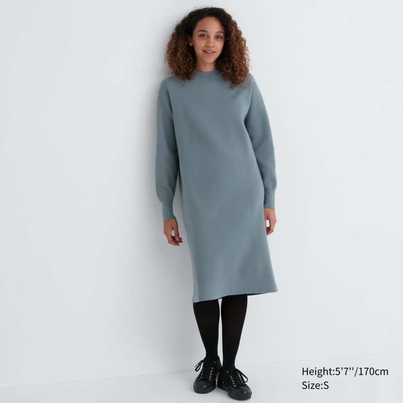 Green Women Uniqlo Souffle Yarn Long-sleeve Dress | USA RNSPE-5061