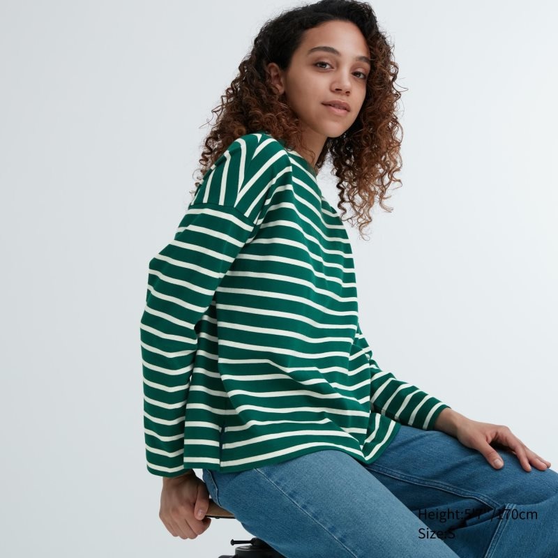 Green Women Uniqlo Striped Long Sleeve T Shirts | USA YDHSM-3098