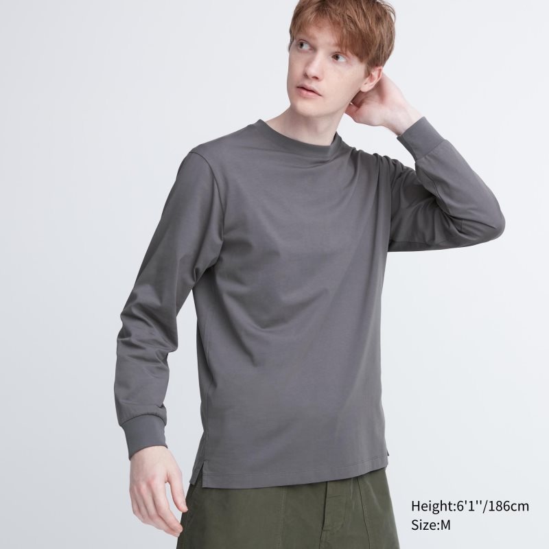 Grey Men Uniqlo Airism Cotton Uv Protection Crew Neck Long-sleeve T Shirts | USA QDLYX-5210