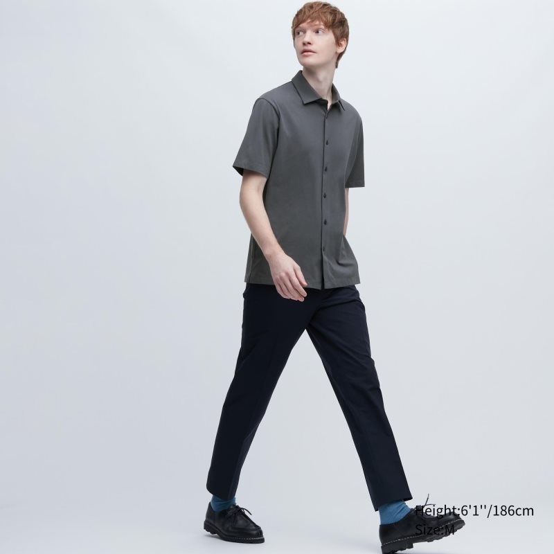 Grey Men Uniqlo Airism Full Open Short-sleeve Polo Shirts | USA VWECM-5692