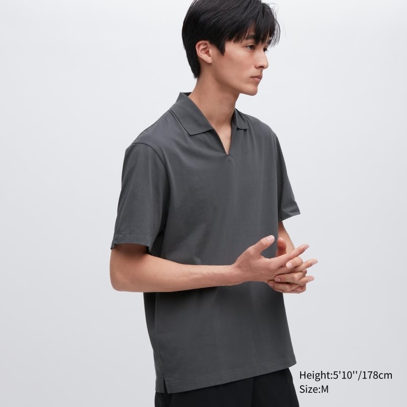 Grey Men Uniqlo Airism Skipper Collar Polo Shirts | USA HVPXN-9152