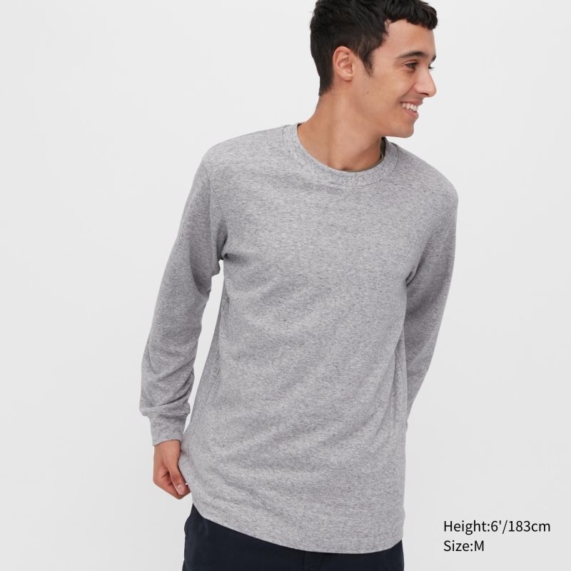 Grey Men Uniqlo Brushed Cotton Crew Neck Long-sleeve T Shirts | USA YQBVU-9502