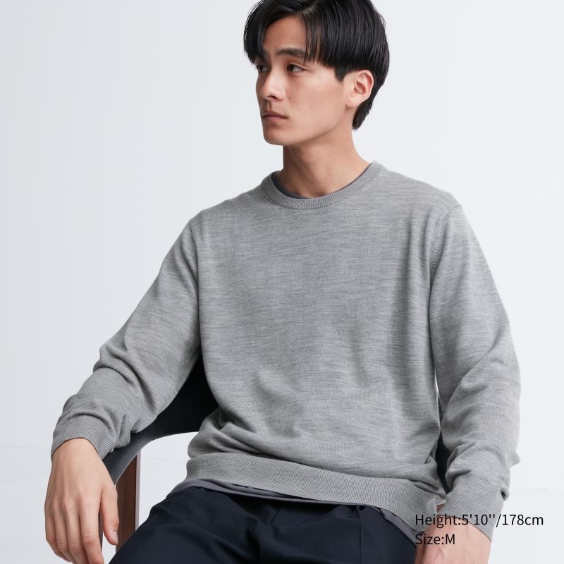 Grey Men Uniqlo Extra Fine Merino Crew Neck Sweaters | USA VJKMX-6482