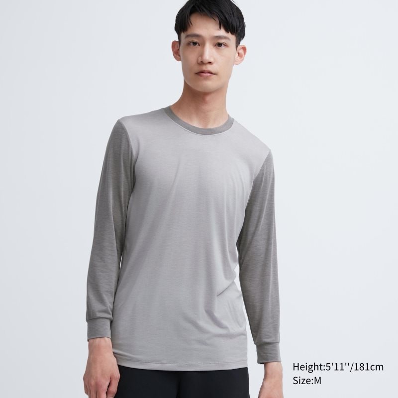 Grey Men Uniqlo Heattech Crew Neck Long Sleeve T Shirts | USA HNDPT-5671