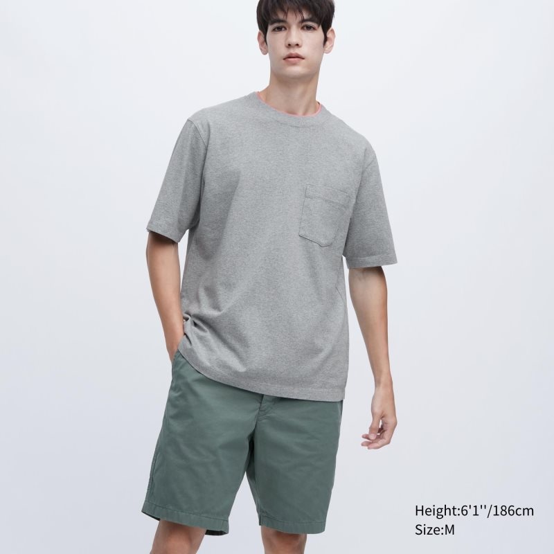 Grey Men Uniqlo Oversized Pocket Crew Neck Half-sleeve T Shirts | USA WKENJ-8320