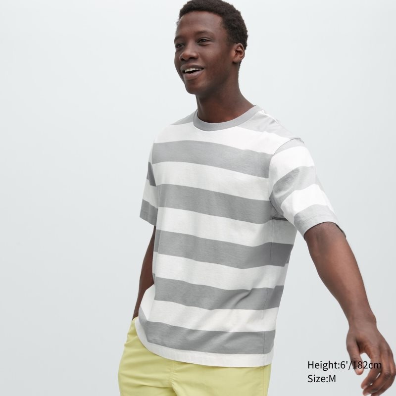 Grey Men Uniqlo Oversized Striped Half-sleeve T Shirts | USA OFRIJ-6120