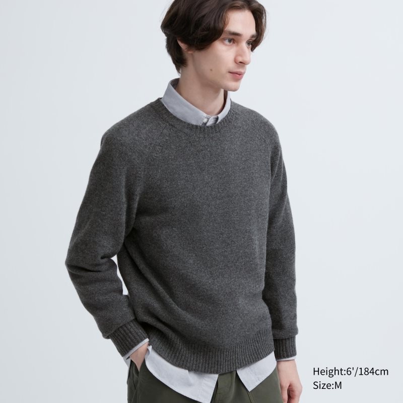 Grey Men Uniqlo Premium Lambswool Crew Neck Long Sleeve Sweaters | USA NOHPS-2391