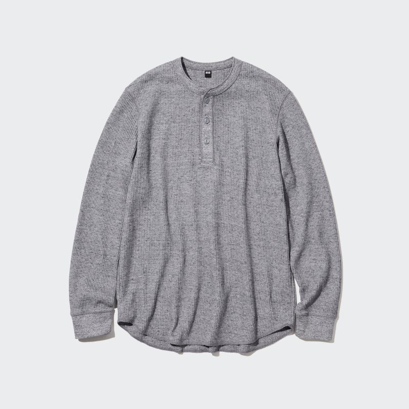 Grey Men Uniqlo Waffle Henley Neck Long-sleeve T Shirts | USA XECLO-7901