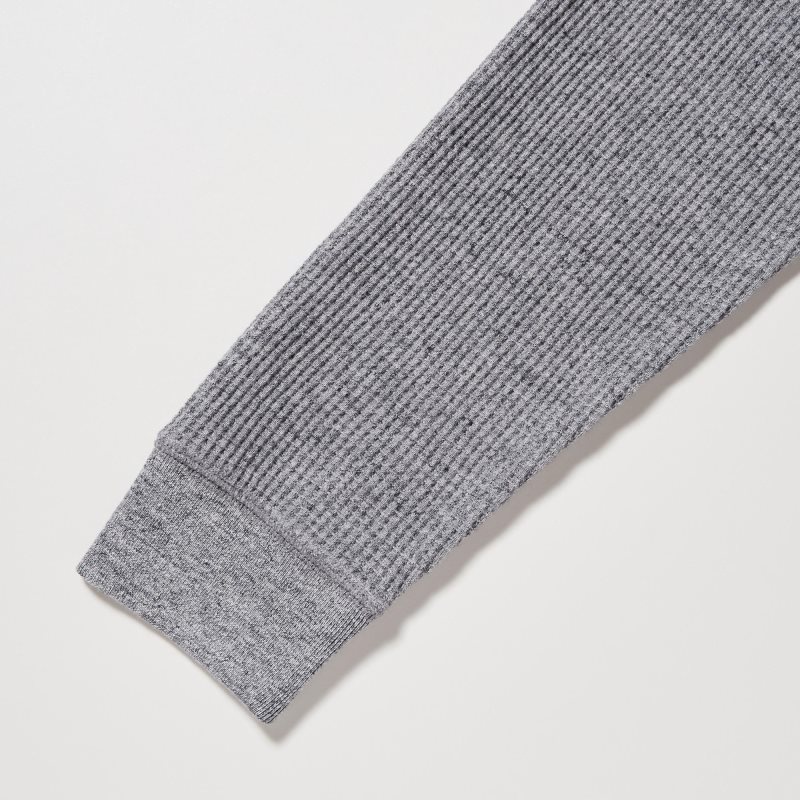 Grey Men Uniqlo Waffle Henley Neck Long-sleeve T Shirts | USA XECLO-7901