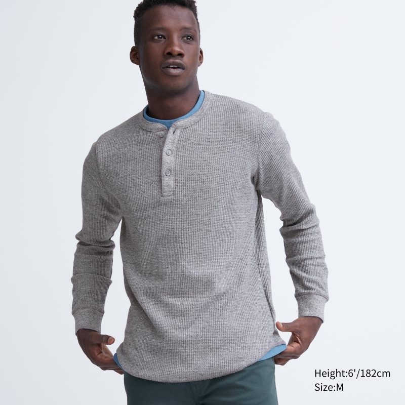 Grey Men Uniqlo Waffle Henley Neck Long-sleeve T Shirts | USA XECLO-7901