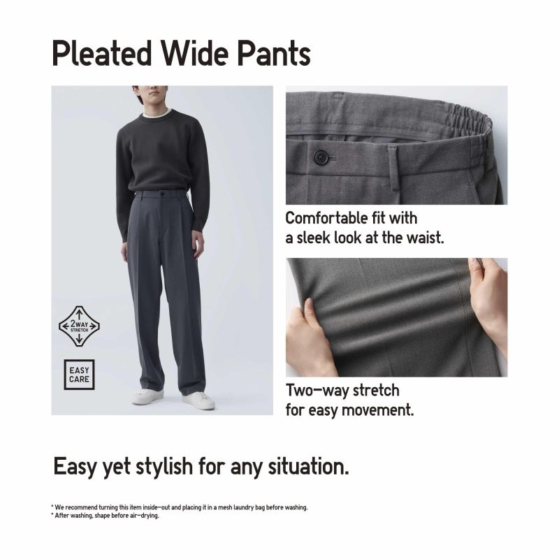 Grey Men Uniqlo Wide-fit Pleated Pants | USA KWVXR-0317