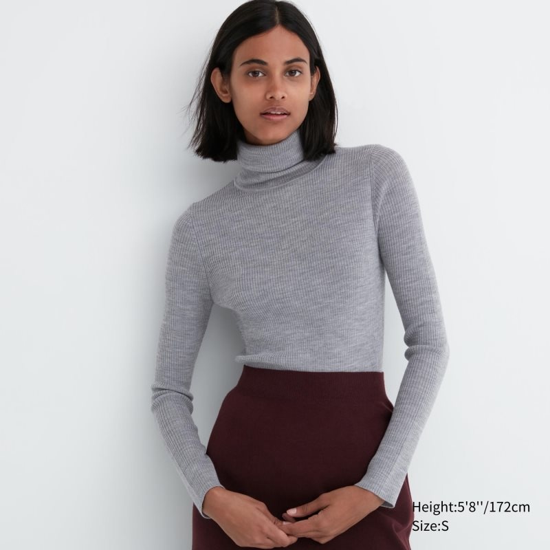 Grey Women Uniqlo Extra Fine Merino Ribbed Turtleneck Long-sleeve Sweaters | USA UCWPB-5921