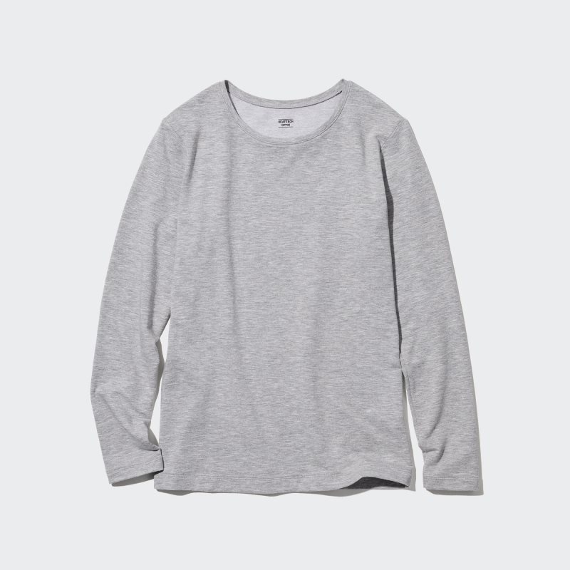 Grey Women Uniqlo Heattech Cotton Crew Neck Long-sleeve (Extra Warm) T Shirts | USA ZQAPT-7802