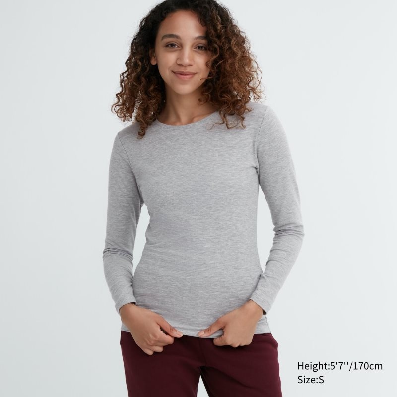 Grey Women Uniqlo Heattech Cotton Crew Neck Long-sleeve (Extra Warm) T Shirts | USA ZQAPT-7802