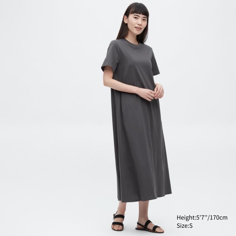 Grey Women Uniqlo Mercerized Cotton Short-sleeve A-line Dress | USA OFLEH-2054