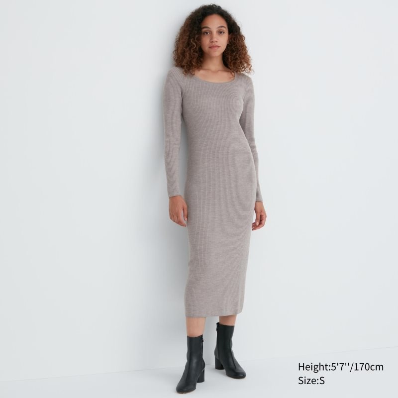 Grey Women Uniqlo Merino Blend Fitted U-neck Long-sleeve Dress | USA KNSAJ-0192