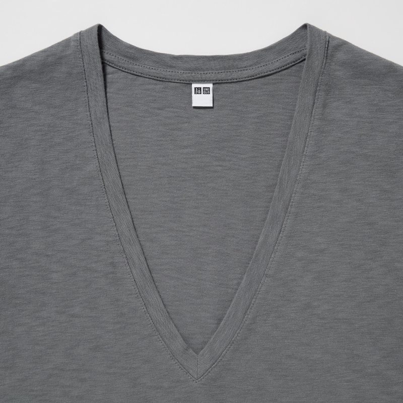 Grey Women Uniqlo Slub Jersey V-neck Short-sleeve T Shirts | USA JXDAU-4706