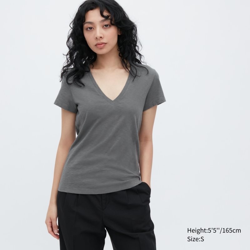 Grey Women Uniqlo Slub Jersey V-neck Short-sleeve T Shirts | USA JXDAU-4706