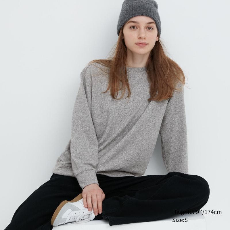 Grey Women Uniqlo Soft Knitted Fleece Crew Neck Long-sleeve T Shirts | USA LIERW-8159