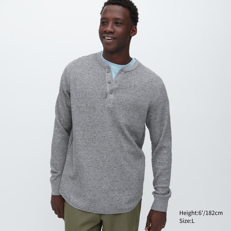 Grey Women Uniqlo Waffle Long-sleeve Henley T Shirts | USA FZYPD-4680