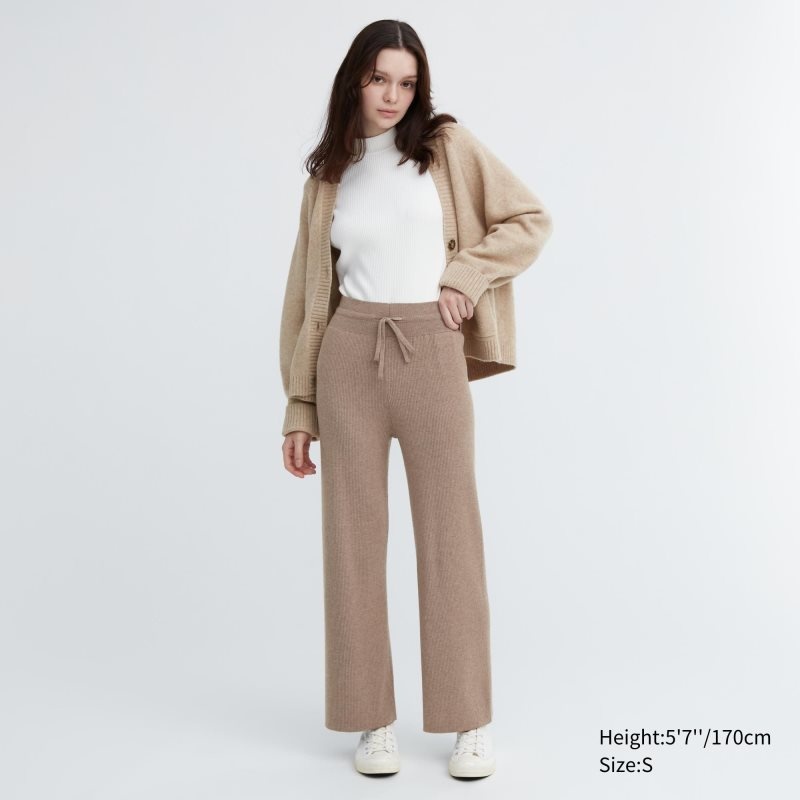 Khaki Women Uniqlo Washable Knit Ribbed Pants | USA WRIGL-7510