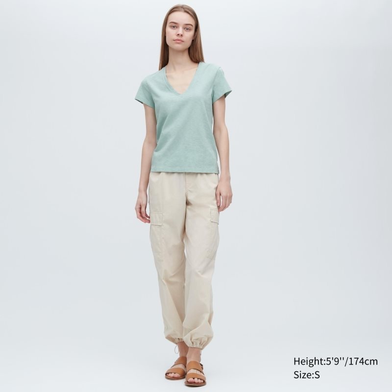 Light Green Women Uniqlo Slub Jersey V-neck Short-sleeve T Shirts | USA IWGPH-4731