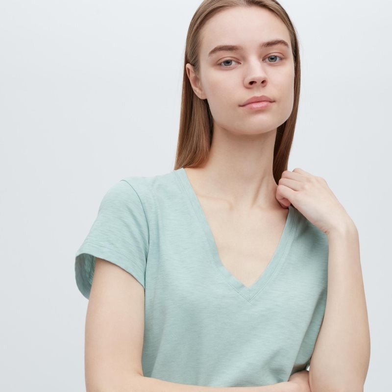 Light Green Women Uniqlo Slub Jersey V-neck Short-sleeve T Shirts | USA IWGPH-4731