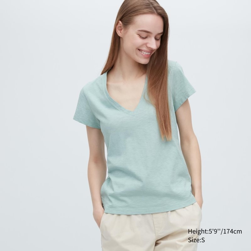 Light Green Women Uniqlo Slub Jersey V-neck Short-sleeve T Shirts | USA IWGPH-4731