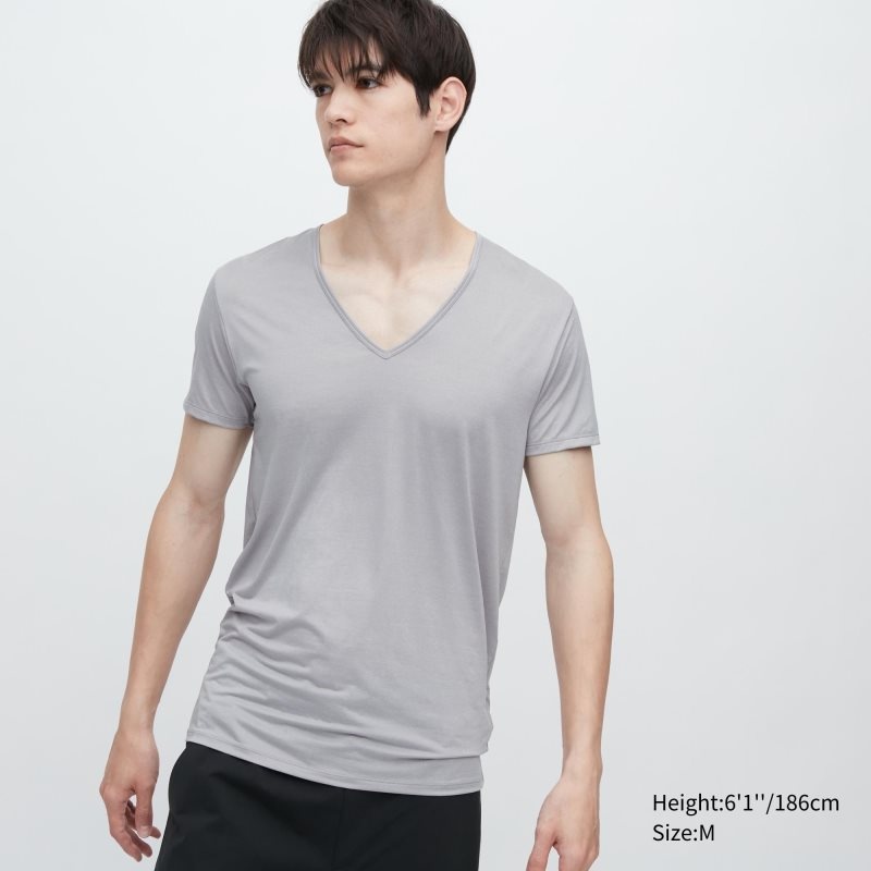 Light Grey Men Uniqlo Airism V-neck Short-sleeve T Shirts | USA BHLSZ-8953